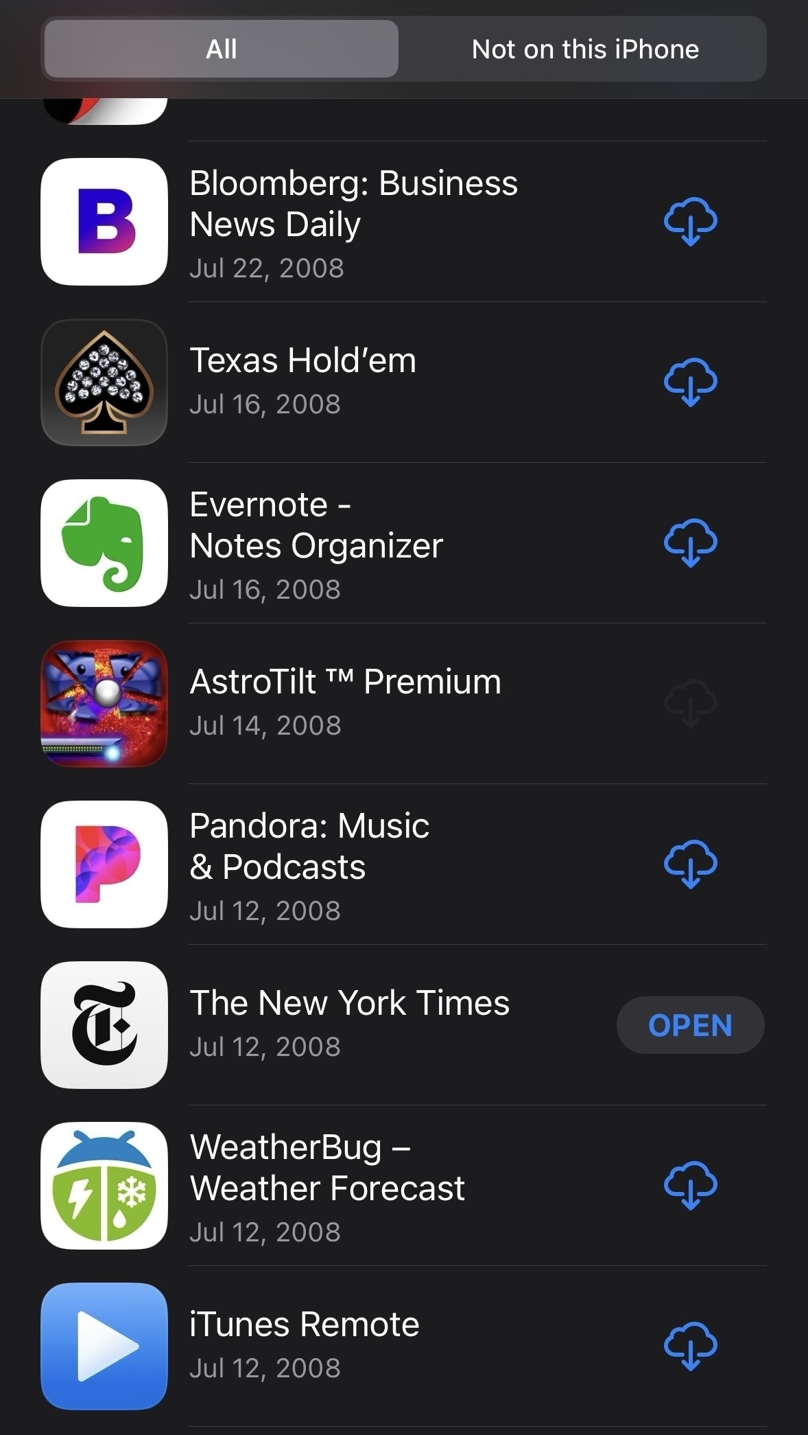 Screenshot of first apps installed: iTunes Remote, WeatherBug, New York Times, Pandora, AstroTilt, Evernote, Texas Hold’em, and Bloomberg 