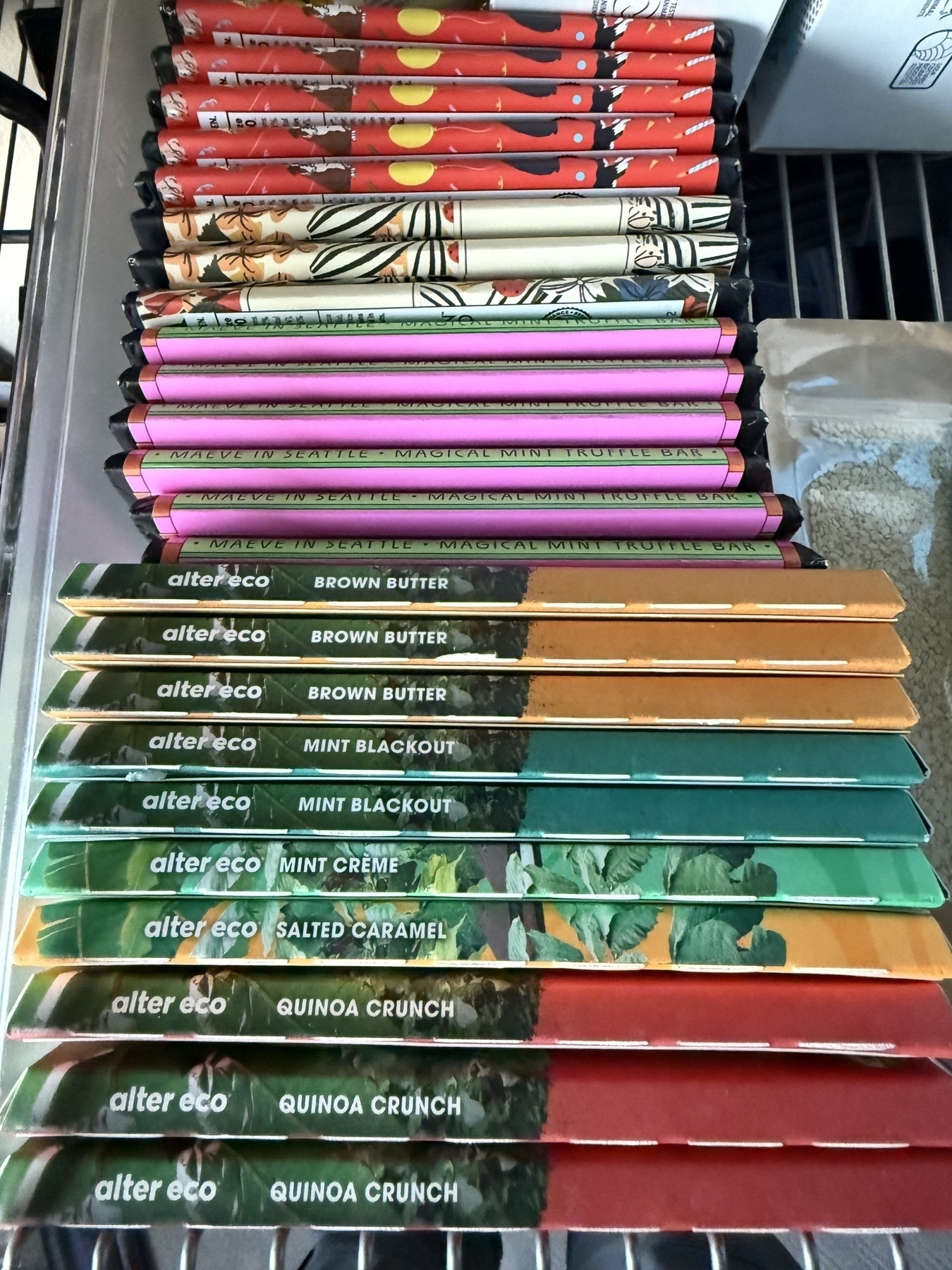A bunch of chocolate bars bought at a 50% sale